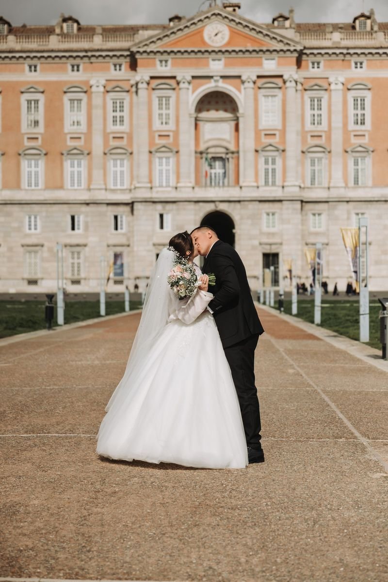 Bride and groom at the Royal Palace of Caserta, Italy